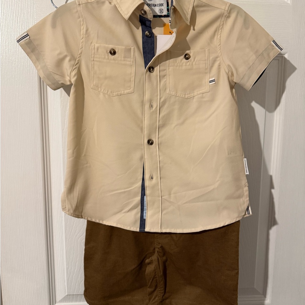 Sovereign Code Tan Button Down Kids Shirt and brown shorts set